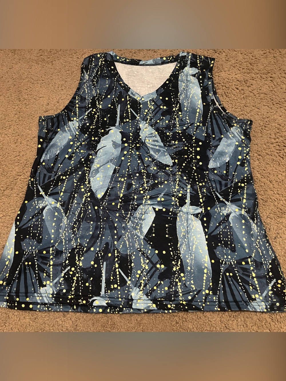 Sleeveless Feather Print Tank - Black with Blue & Yellow Speckles